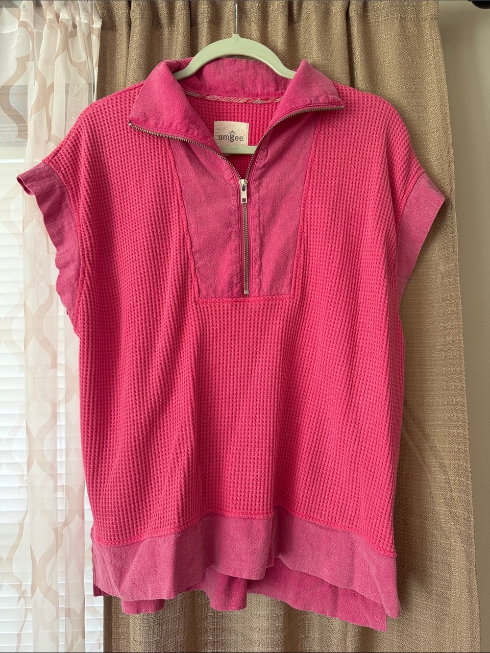 Umgee Hot Pink Half-Zip Waffle Knit Top